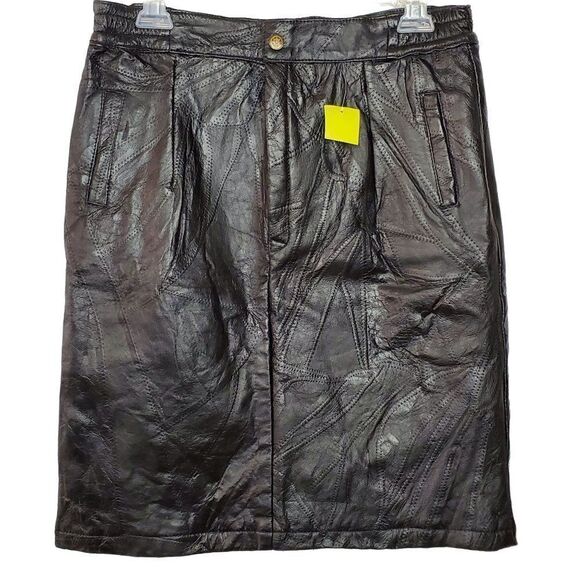 Vintage 80s Black Patchwork Leather Above Knee Pencil Skirt High Waist Sz M - Picture 1 of 4
